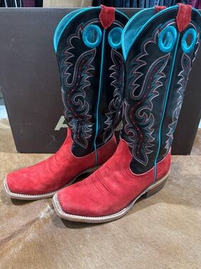 Ariat Red Suede & Black Top Western Boots with Turquoise Trim